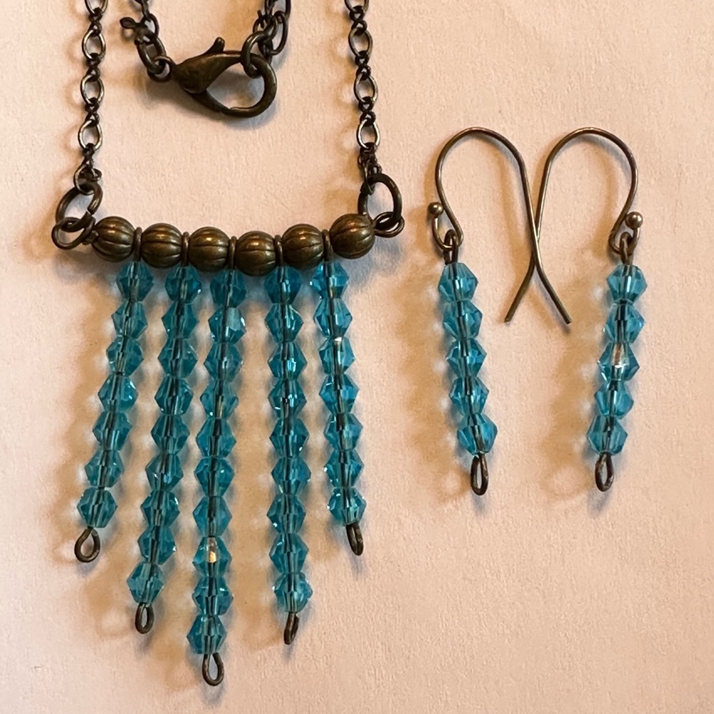 ARTISAN Cerulean Blue Faceted Beads Bronze Necklace Earrings Jewelry Set